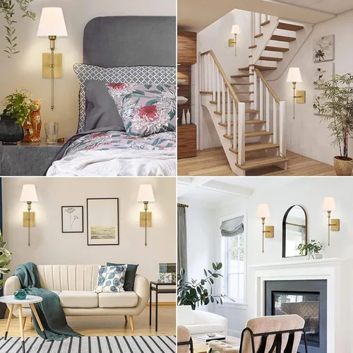 Miniatura 7 de Pauwer Juego de 2 apliques de pared delgados con pantalla de tela blanca cableada para interiores, soporte de columna para dormitorio, lámpara