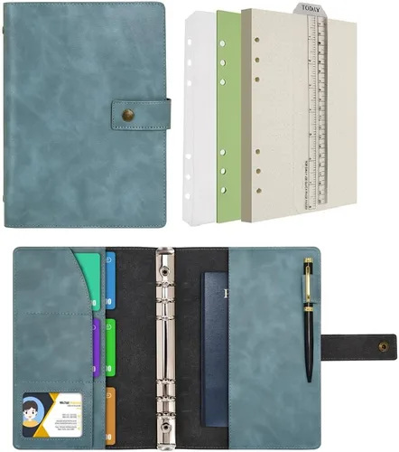 Miniatura 14 de WONDERPOOL Cuaderno de cuero recargable, cuaderno en espiral, carpeta de carpetas de diario A5 con puntos y bolsillos interiores para viajes, Marrón