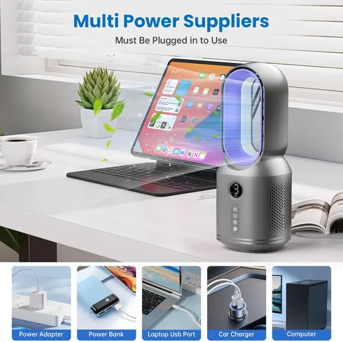 Miniatura 7 de Desk Fan,13 Inch Portable Bladeless Fan, Small Quiet Office Fan with 106° Oscillating, 3 Speeds & Night light, LED Display, Button Control, Personal