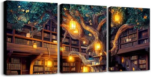 Miniatura 10 de Castle Fairy Magical Mysterious Style Canvas Wall Art Set of 3,Bookshelf Bookcase Wall Hangings for Living Room Bedroom,Modern Building Trees Paint