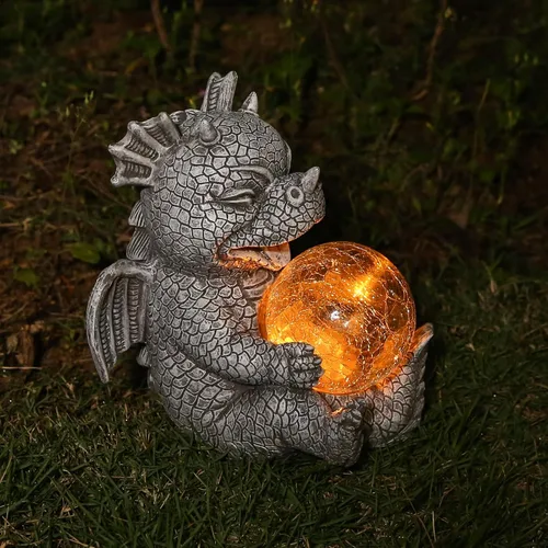 Miniatura 7 de Estatua de Dragón de Jardín con Energía Solar Figura Luminosa para Exteriores Decoración Linda que Sostiene Bola de Cristal Brillante Escultura