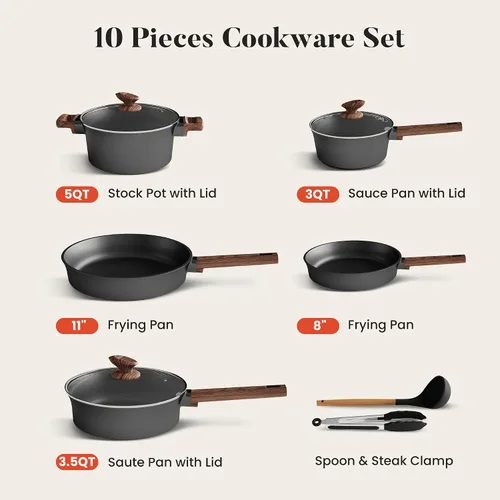 Miniatura 8 de Kitchen Academy Juego de ollas y sartenes de cerámica antiadherentes, juego de 10 utensilios de cocina de inducción no tóxicos, juego de sartenes