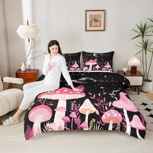 Miniatura 30 de Juego de edredón de champiñones para niños, tamaño individual, juego de ropa de cama romántica con sol, luna, cielo estrellado y galaxia, decoración