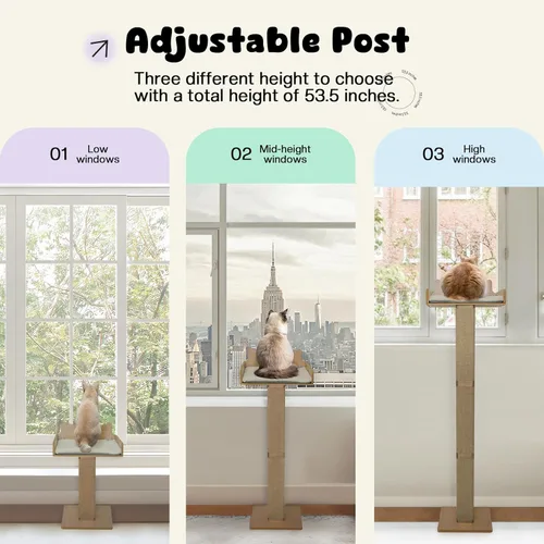 Miniatura 6 de Percha para ventana de gato con poste rascador de sisal grueso, hamaca para gatos para ventana, poste rascador ajustable de 53.5 pulgadas para gatos