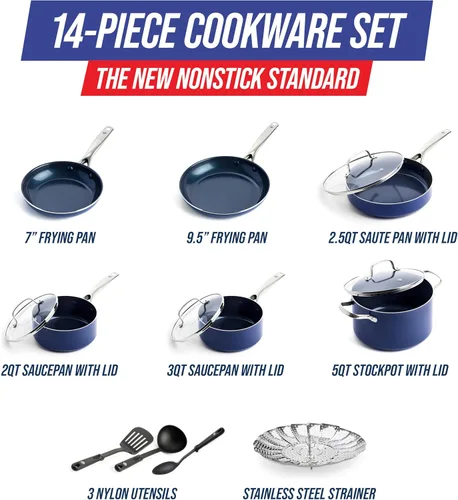 Miniatura 4 de Blue Diamond Juego de utensilios de cocina antiadherentes de 14 piezas, ollas y sartenes de cerámica de diamante, apto para lavavajillas