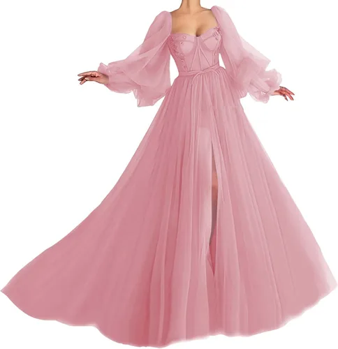 Vestidos de graduación de tul con manga abombada con abertura 2025, vestido largo de baile de novia, vestidos formales para mujer, fiesta de noche