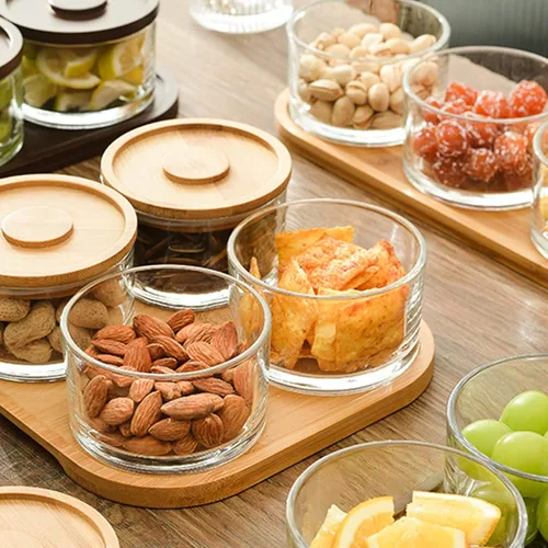 Miniatura 3 de Juego de servir chips y salsa con bandeja de bambú, plato de frutas y frutos secos, pequeños cuencos de vidrio con tapas para condimentos