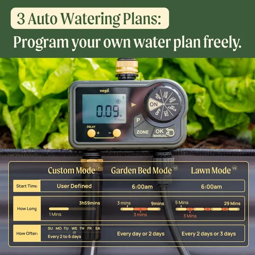 Miniatura 2 de Vego Temporizador de riego de 2 zonas con entrada de latón, temporizador de riego para manguera de jardín con retardo de lluvia programable de doble