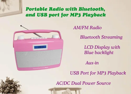 Miniatura 2 de HANNLOMAX Radio AM/FM portátil HX-500R, Bluetooth, puerto USB para reproducción de MP3, entrada auxiliar, fuente de alimentación dual AC/DC. (rosa)