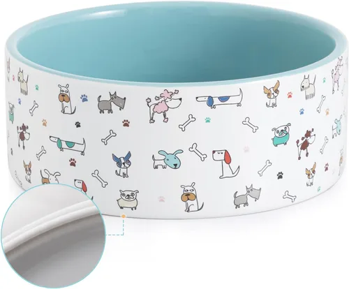 Fun Elements - Cuencos de cerámica para perros, grandes, 64 onzas líquidas, resistentes, adorables patrones de perro (L, azul)