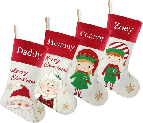 Miniatura 43 de Juego de 3, medias de Navidad personalizadas de 18 pulgadas con tecnología de bordado, diseños de Papá Noel, muñeco de nieve y renos para decoración