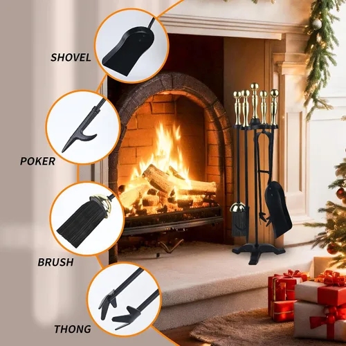 Miniatura 4 de Juego de herramientas para chimenea de 5 piezas con soporte, kit de herramientas de hierro forjado con póster, pinzas, pala, cepillo y base