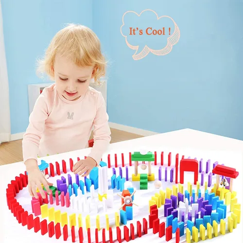 Miniatura 9 de Wondertoys Juego de 600 piezas de dominó para niños, bloques de construcción de madera, 6 colores, dominó a granel, juegos de azulejos de carreras