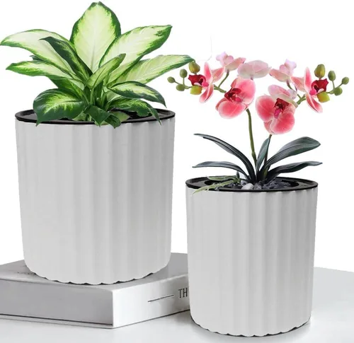 Miniatura 5 de MUZHI Maceta de orquídea con red y agujeros, maceta de riego automático redonda para plantas de interior y flores, 3 juegos, color blanco