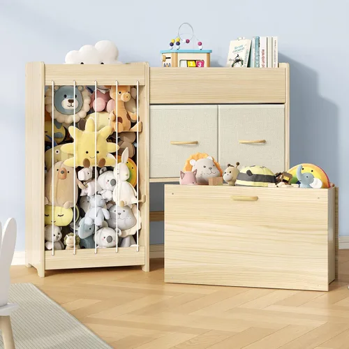 EXPERLAM Organizador de almacenamiento de juguetes con soporte para animales de peluche, estante de juguetes de madera maciza para niños con 2
