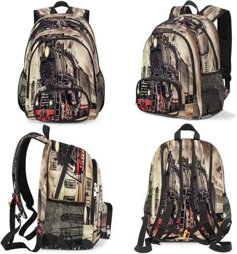 Miniatura 7 de TropicalLife Mochila escolar vintage de tren de vapor de 18 pulgadas, mochila escolar para adolescentes, niñas, niños, mochila escolar