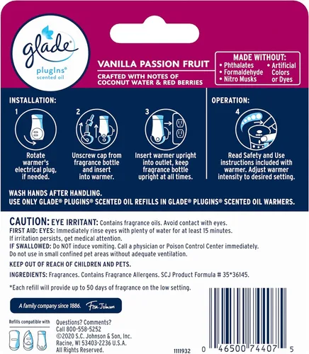 Miniatura 2 de Glade PlugIns - Recambios de ambientador, aceites esenciales y perfumados para el hogar y el baño, vainilla maracuyá, 1.34 onzas, 2