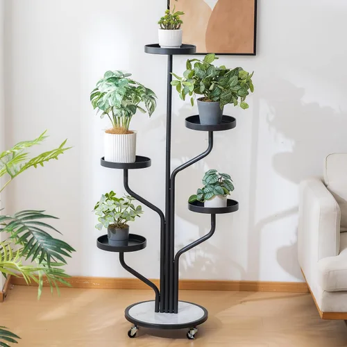 Miniatura 9 de CHPHI Soporte para plantas de hierro forjado de 4 niveles para interiores, estante alto de metal para múltiples plantas, soporte de metal con ruedas