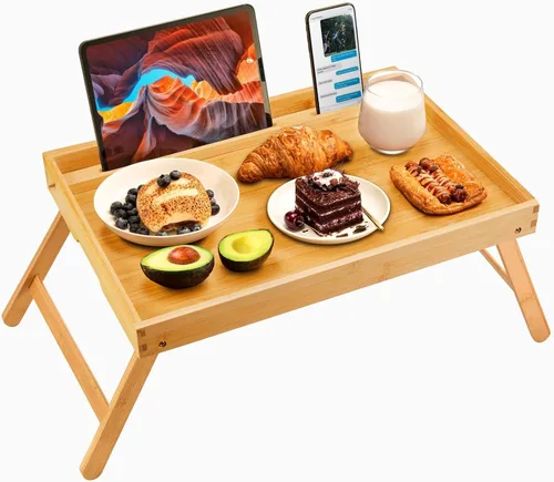 Miniatura 11 de Pipishell - Bandeja de bambú para cama con patas plegables, bandeja de desayuno para sofá, cama, comer, trabajar, se utiliza como bandeja de Negro