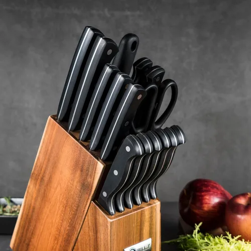 Miniatura 4 de Juego de cuchillos de cocina de madera para cocina con bloque de cuchillos de acero inoxidable, 16 piezas y tabla de cortar con ranura, asas negras