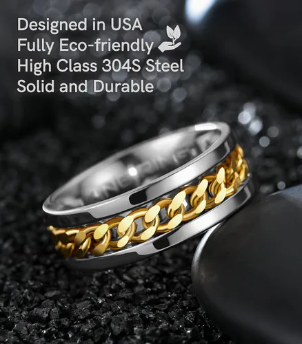 Miniatura 34 de King Ring Anillo giratorio de 0.315 pulgadas, anillo plano pulido fino para hombres y mujeres con cadena cubana, diseñado en Estados Unidos