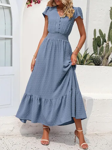 Miniatura 2 de PRETTYGARDEN - Vestido estilo bohemio, manga corta, cuello en V y plumetí con volados para mujer, vestido largo fruncido de cóctel