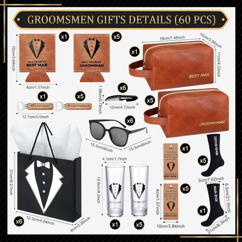 Miniatura 2 de 60 piezas de regalos para padrinos de boda, caja de propuesta para padrinos de boda con vasos de chupito, calcetines, gafas de sol, bolsa de aseo