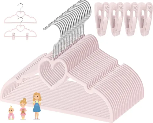 Miniatura 12 de Perchas de terciopelo beige con forma de corazón, paquete de 50 perchas para niños pequeños de 13 pulgadas con 20 clips, ultra delgadas y apilables