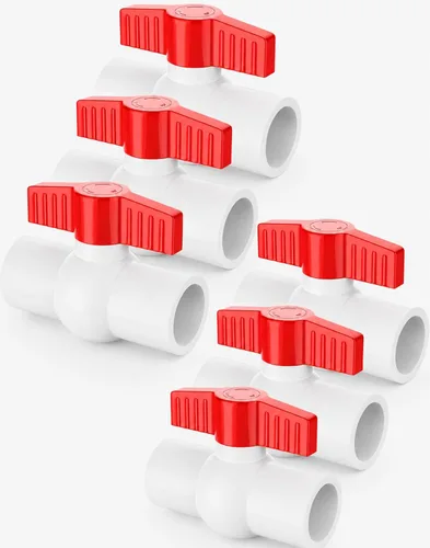 Válvula de bola de PVC de 1/2 pulgada, paquete de 6, válvula de cierre de PVC de 1/2 pulgada con mango en T rojo, válvula de agua de PVC para líneas