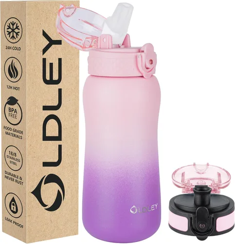 Miniatura 13 de Botella de agua aislada Oldley de 12 oz con pajita, botella de agua de acero inoxidable con 2 tapas, botellas de doble pared con vacío para adultos