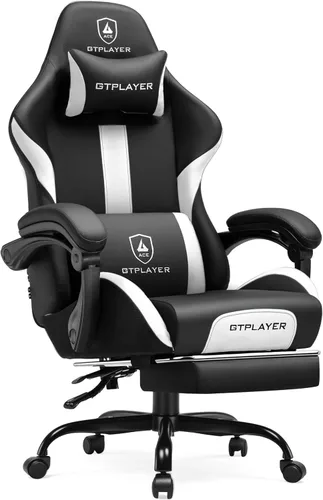GTPLAYER Silla de juegos con cojín de resorte de bolsillo, silla de oficina de cuero con respaldo alto ergonómico y soporte lumbar para aliviar el