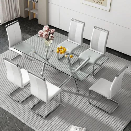 Miniatura 12 de Juego de 8 mesas de comedor de cristal, moderno juego de mesa de comedor de 71 pulgadas con 8 sillas de comedor tapizadas de piel sintética