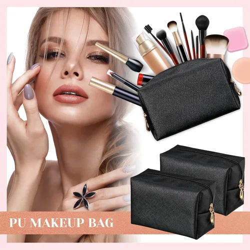 Miniatura 6 de 20 bolsas de maquillaje de piel sintética con cremallera, bolsas de maquillaje impermeables, contenedor de belleza para mujeres, regalos de Negro