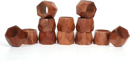 Miniatura 10 de Juego de 12 Servilleteros de Madera de Tres Anillos - Abrazaderas Portaservilletas para Decoración de Mesa de Comedor - Anillos Rústicos Modernos