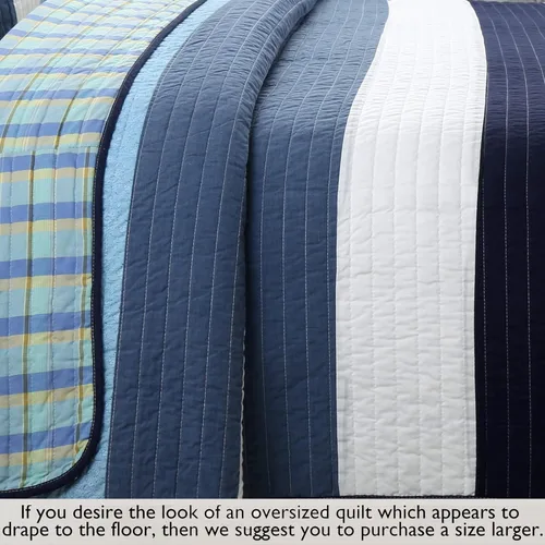 Miniatura 6 de Cozy Line Home Fashions Juego de ropa de cama acolchada reversible para niño de 100% algodón a rayas azul marino, colcha cubrecama para todas