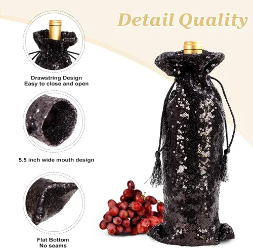 Miniatura 5 de SquarePie Bolsa de regalo de vino de lentejuelas negras, 4 piezas con cordones de 5.5 x 14 pulgadas, fundas de botellas con purpurina para Navidad