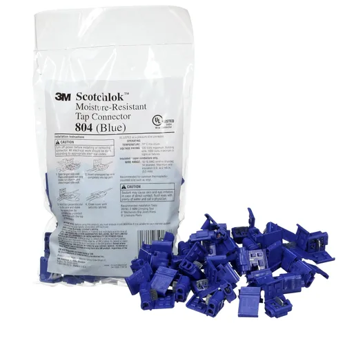 3M Scotchlok Electrical IDC 804-POUCH, Azul, 18-16 AWG (sólido/trenzado), 14 AWG (trenzado), 25 por bolsa, Conector de desplazamiento de aislamiento