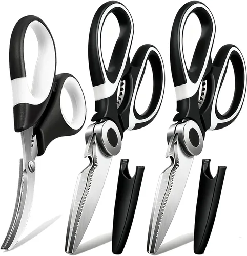 OMDAR Paquete de 3 tijeras de cocina multiusos, paquete de 3, tijeras de cocina de acero inoxidable resistentes para cortar carne, alimentos,