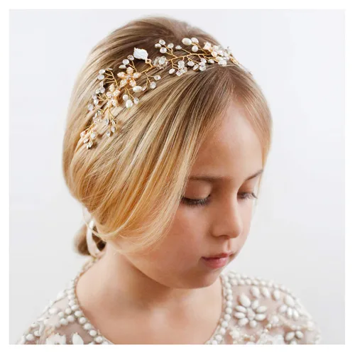 SWEETV - Diadema de niña de flores para boda, pieza de pelo de perlas florales para bebé, diadema dorada para fiesta de cumpleaños, fotografía