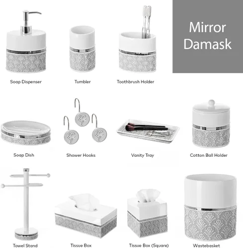 Miniatura 7 de Creative Scents Juego completo de accesorios de baño de damasco de espejo, juego de baño decorativo de 4 piezas blanco y gris incluye: dispensador