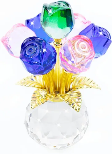 Miniatura 14 de Figura de flor de rosa de cristal con jarrón redondo, flores de cristal, flores de vidrio con tallos, figura de cristal de rosa de cristal, regalos