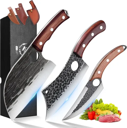 ROCOCO Juego de 3 cuchillos de carnicero para cortar carne, cuchillo de chef serbio, cuchillo de deshuesado vikingo con fundas para cocina, BBQ al