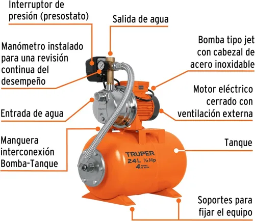 Miniatura 2 de TRUPER HIDR-1/2X24 1/2 HP 11 GPM Jet Pump / Tank Systems 1/2Hp 6 Gal (24L)
