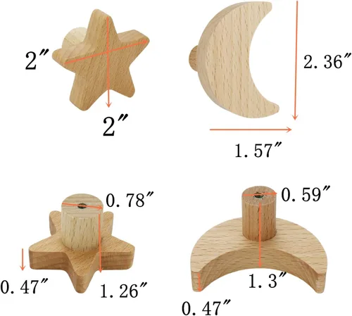 Miniatura 2 de Moons and Stars - Juego de 5 ganchos de madera para colgar sombreros, gorras, bolsas (4 estrellas + 1 luna)