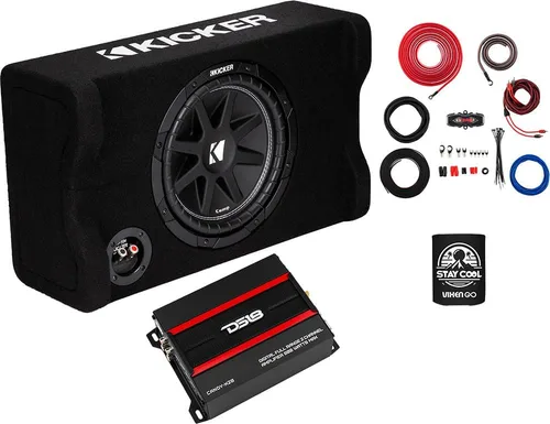 KICKER Paquete de 3 artículos de subwoofer y amplificador: 12 pulgadas Comp de 300 W, submarino cargado de alimentación descendente, amplificador