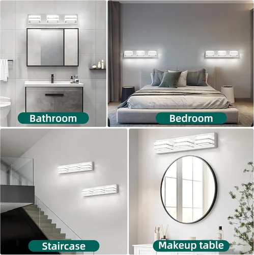 Miniatura 8 de OKELI Lámpara de tocador de cristal para baño, moderna lámpara LED de tocador para baño, lámpara frontal de espejo de cristal de 3 luces, 6000 K