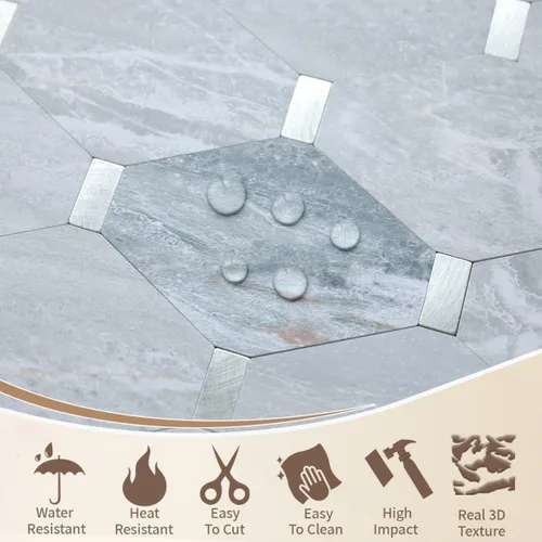 Miniatura 4 de DICOFUN 1 lámina de loseta adhesiva en muro de mármol gris largo octogonal, azulejos adhesivos de piedra falsa de PVC con metal plateado para pegar