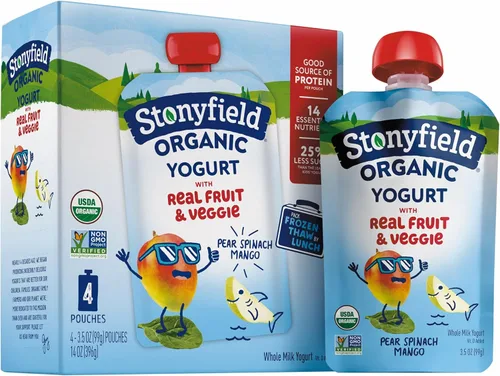 Stonyfield Organic Bolsas de yogur de leche entera para niños, 3.5 onzas, cada unidad, verduras de fruta real, mango de espinacas y pera, (paquete