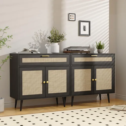 Miniatura 10 de Furnify Aparador de ratán buffet, armario de cocina bohemio con cajón y 2 puertas, armario moderno de mediados de siglo con estante ajustable, barra