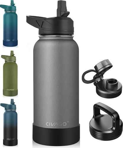 Miniatura 56 de CIVAGO Botella de agua aislada de 22 onzas con pajita, frasco de agua deportiva de acero inoxidable con 3 tapas